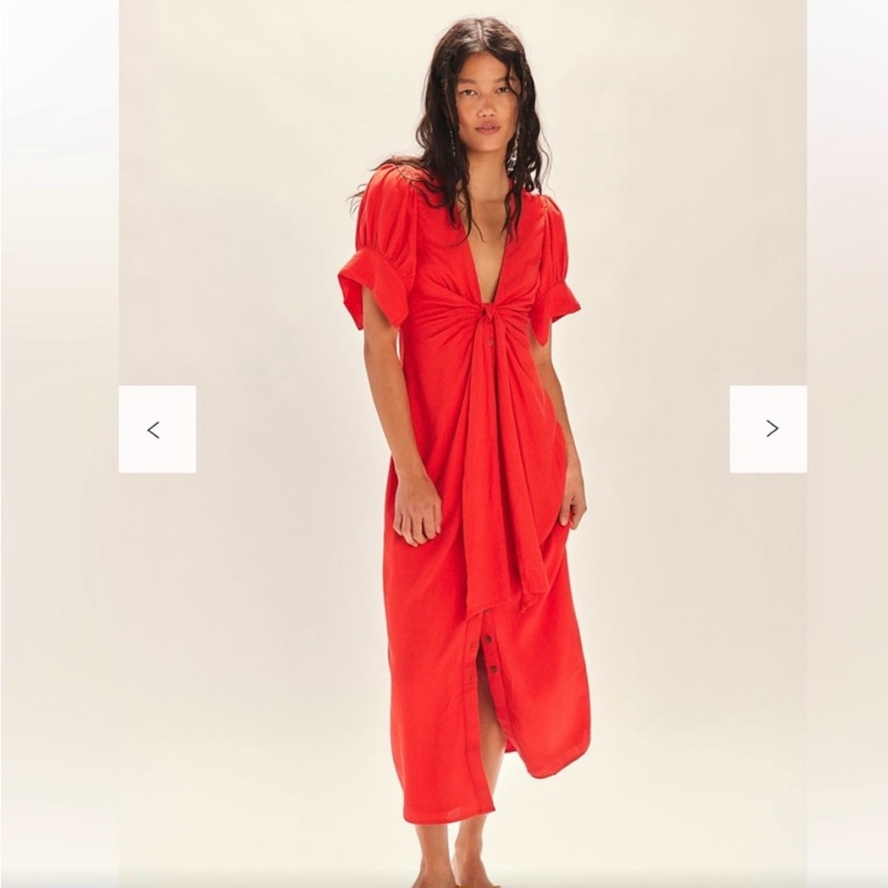Free People Bold Red Tie-Front Midi Dress